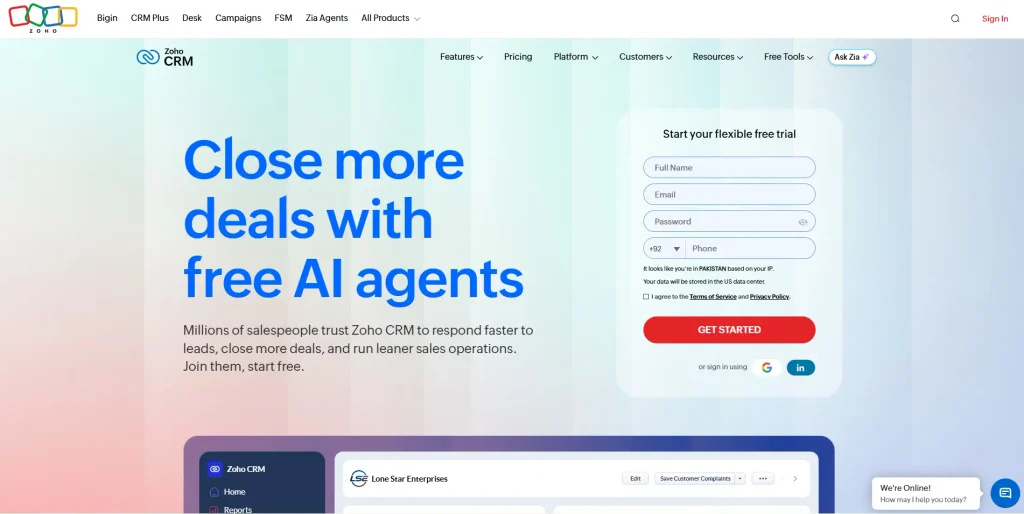 Home page screenshot of Zoho CRM by NogenTech