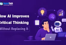 Illustration showing a person using a laptop alongside an AI assistant for NogenTech.