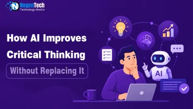 Illustration showing a person using a laptop alongside an AI assistant for NogenTech.