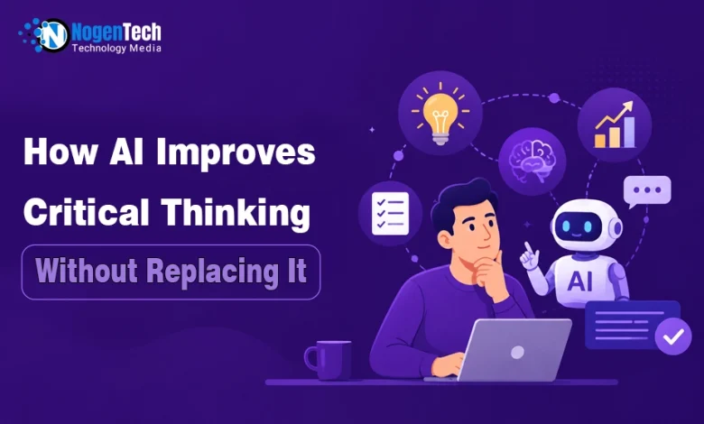 Illustration showing a person using a laptop alongside an AI assistant for NogenTech.