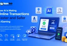 Infographic showing AI security and fast payments in iGaming with a laptop, smartphone, and casino chips.