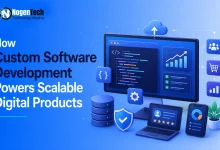 Desktop monitor showing code and analytics dashboard surrounded by database, cloud, laptop, and smartphone icons.