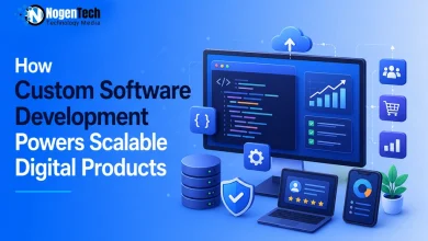 Desktop monitor showing code and analytics dashboard surrounded by database, cloud, laptop, and smartphone icons.