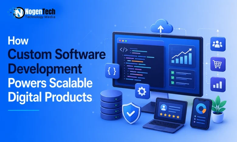 Desktop monitor showing code and analytics dashboard surrounded by database, cloud, laptop, and smartphone icons.