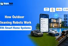 How Outdoor Cleaning Robots Work with Smart Home Systems featuring robotic lawn mower, pool cleaner, and smart home automation.