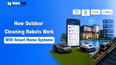 How Outdoor Cleaning Robots Work with Smart Home Systems featuring robotic lawn mower, pool cleaner, and smart home automation.