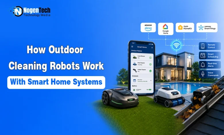How Outdoor Cleaning Robots Work with Smart Home Systems featuring robotic lawn mower, pool cleaner, and smart home automation.