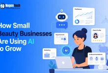 Illustration of a beauty business professional using a laptop with AI feature dashboards for appointments, marketing, and client profiles.