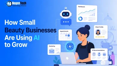 Illustration of a beauty business professional using a laptop with AI feature dashboards for appointments, marketing, and client profiles.
