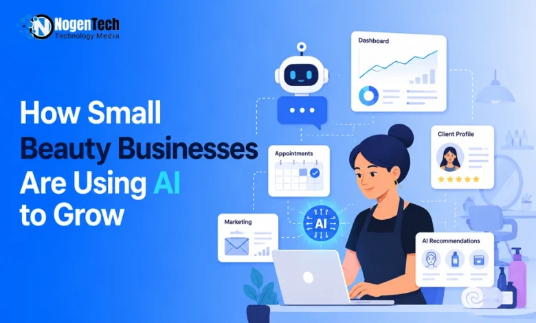 Illustration of a beauty business professional using a laptop with AI feature dashboards for appointments, marketing, and client profiles.