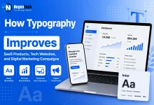 Typography for SaaS products showing a dashboard UI, mobile app, and font system illustrating how typography improves UX, readability, branding, and digital marketing.