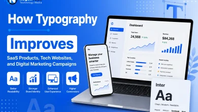 Typography for SaaS products showing a dashboard UI, mobile app, and font system illustrating how typography improves UX, readability, branding, and digital marketing.