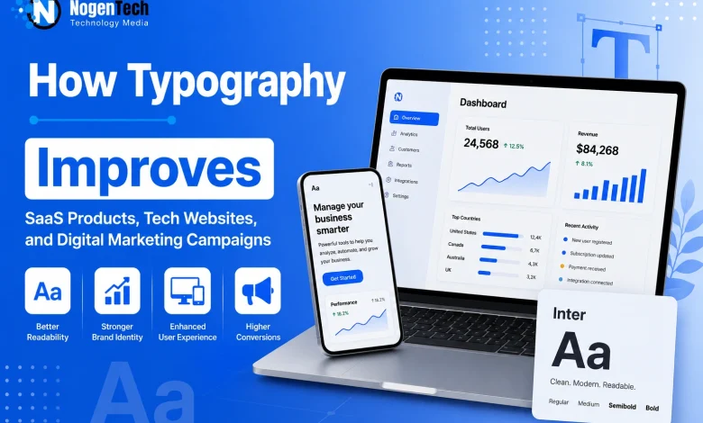 Typography for SaaS products showing a dashboard UI, mobile app, and font system illustrating how typography improves UX, readability, branding, and digital marketing.