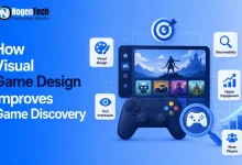 Game controller and screen graphics showing visual design elements for game discovery.
