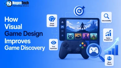 Game controller and screen graphics showing visual design elements for game discovery.
