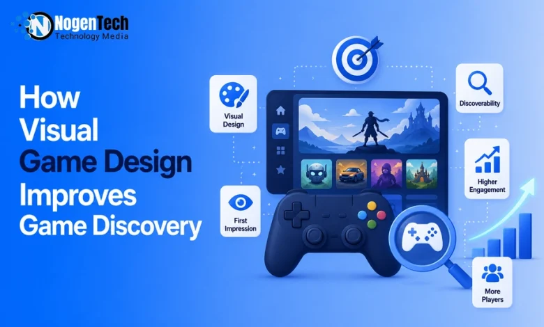 Game controller and screen graphics showing visual design elements for game discovery.