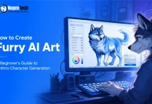 Illustration of an anthropomorphic wolf creating blue-and-white furry AI art on a desktop computer, with the text "How to Create Furry AI Art: A Beginner's Guide to Anthro Character Generation" and the NogenTech logo on a blue background.