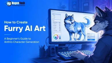 Illustration of an anthropomorphic wolf creating blue-and-white furry AI art on a desktop computer, with the text "How to Create Furry AI Art: A Beginner's Guide to Anthro Character Generation" and the NogenTech logo on a blue background.