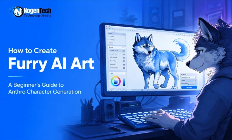 Illustration of an anthropomorphic wolf creating blue-and-white furry AI art on a desktop computer, with the text "How to Create Furry AI Art: A Beginner's Guide to Anthro Character Generation" and the NogenTech logo on a blue background.