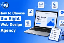 Illustration showing how to choose the right web design agency by evaluating technical expertise, SEO, website performance, communication, and project experience.