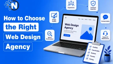 Illustration showing how to choose the right web design agency by evaluating technical expertise, SEO, website performance, communication, and project experience.