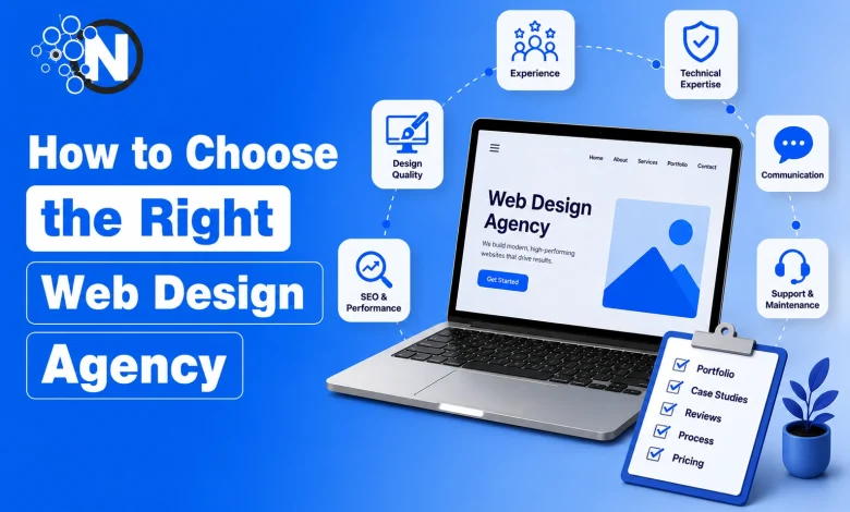 Illustration showing how to choose the right web design agency by evaluating technical expertise, SEO, website performance, communication, and project experience.