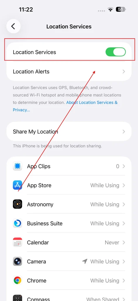Location Services in Settings