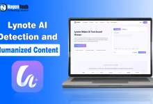 Laptop showing Lynote website interface alongside the purple Lynote app logo icon.