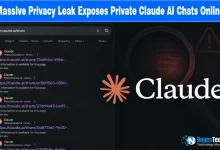 Graphic displaying a Google search window for Claude share URLs next to the orange Claude logo with a warning sign.