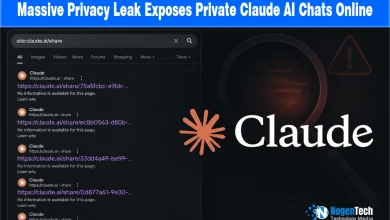 Graphic displaying a Google search window for Claude share URLs next to the orange Claude logo with a warning sign.