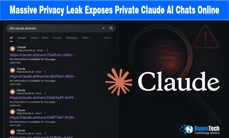 Graphic displaying a Google search window for Claude share URLs next to the orange Claude logo with a warning sign.