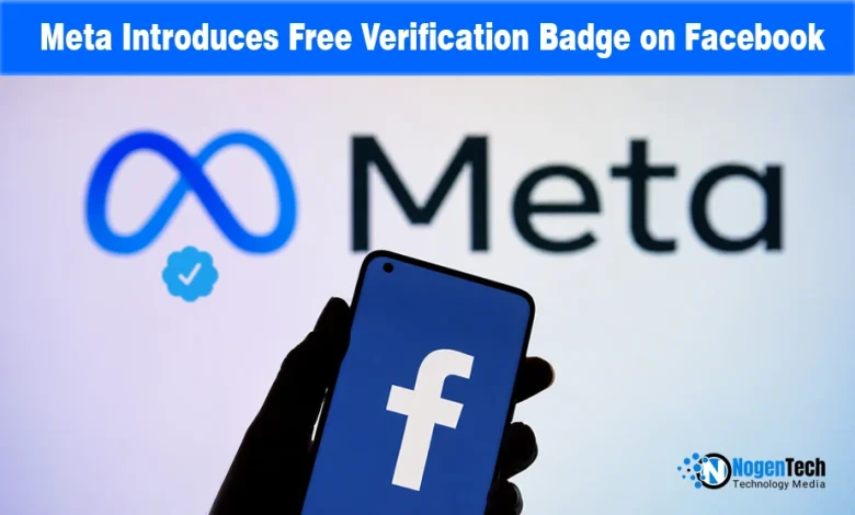 Smartphone showing the Facebook logo held in front of a screen displaying Meta branding and a blue verification badge icon.