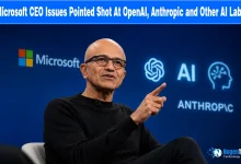 Microsoft CEO Satya Nadella speaking at an AI conference news banner for NogenTech.