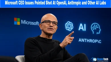 Microsoft CEO Satya Nadella speaking at an AI conference news banner for NogenTech.