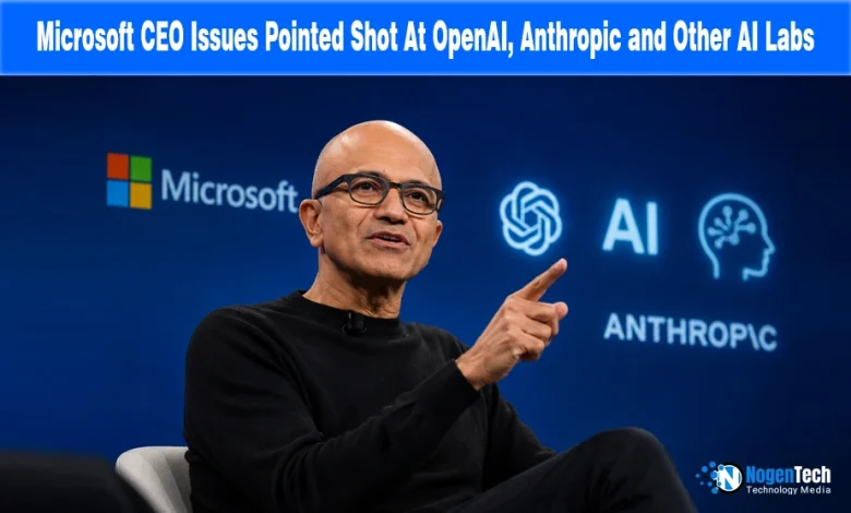 Microsoft CEO Satya Nadella speaking at an AI conference news banner for NogenTech.
