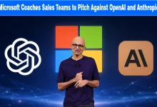 Satya Nadella in front of the Microsoft logo flanked by the OpenAI and Anthropic logos.