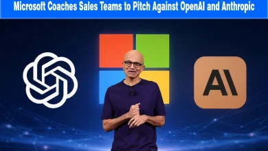 Satya Nadella in front of the Microsoft logo flanked by the OpenAI and Anthropic logos.