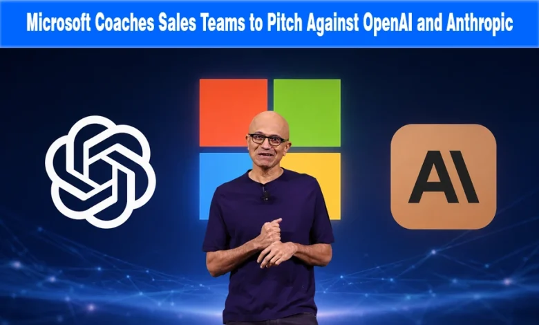 Satya Nadella in front of the Microsoft logo flanked by the OpenAI and Anthropic logos.