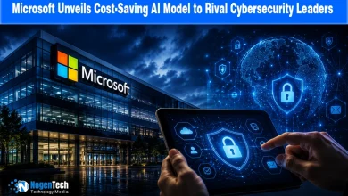 Microsoft building next to a tablet displaying digital cybersecurity lock icons.