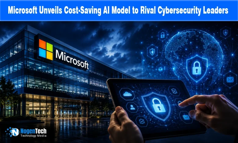 Microsoft building next to a tablet displaying digital cybersecurity lock icons.
