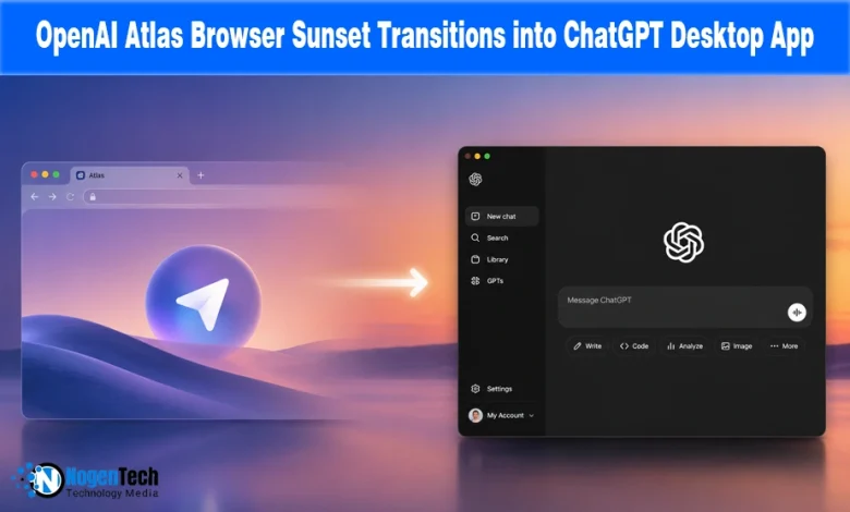 OpenAI Atlas Browser Sunset Transitions into ChatGPT Desktop App announcement banner for NogenTech.