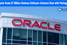 Large red Oracle logo displayed on the exterior facade of a modern corporate building.