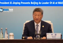 Chinese President Xi Jinping speaking behind a desk with a China nameplate at a conference.