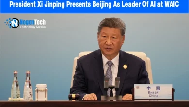Chinese President Xi Jinping speaking behind a desk with a China nameplate at a conference.