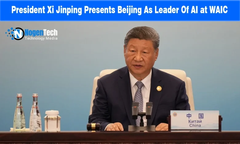 Chinese President Xi Jinping speaking behind a desk with a China nameplate at a conference.