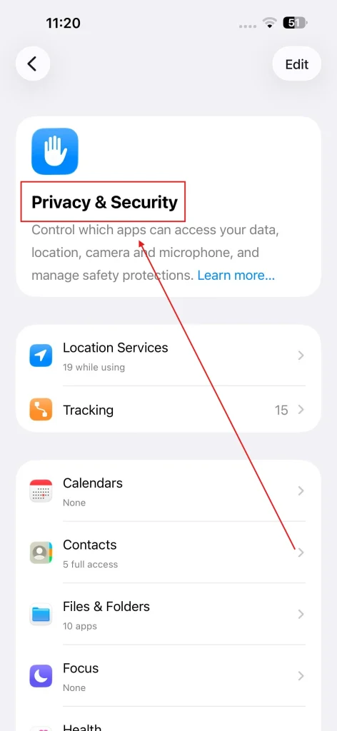 Screenshot of Privacy and Security Section in Settings