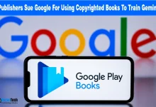 Google Play Books on a smartphone with a Google logo background for NogenTech.