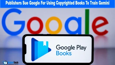 Google Play Books on a smartphone with a Google logo background for NogenTech.