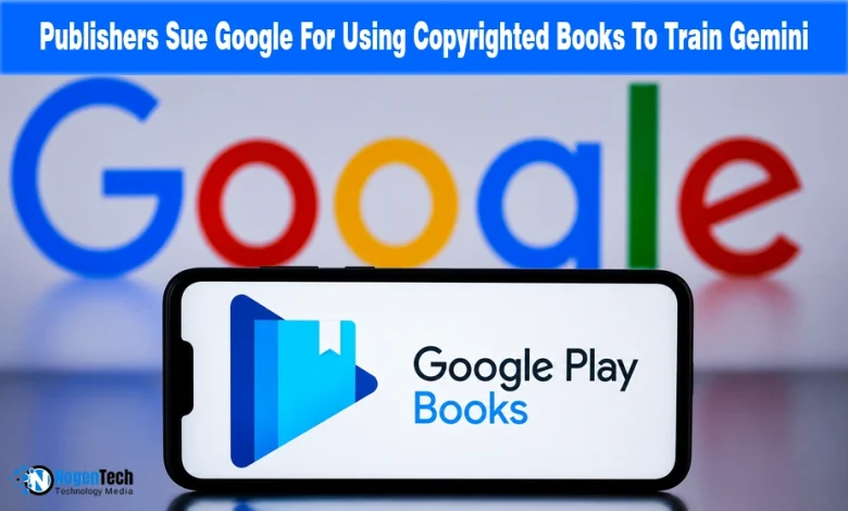 Google Play Books on a smartphone with a Google logo background for NogenTech.