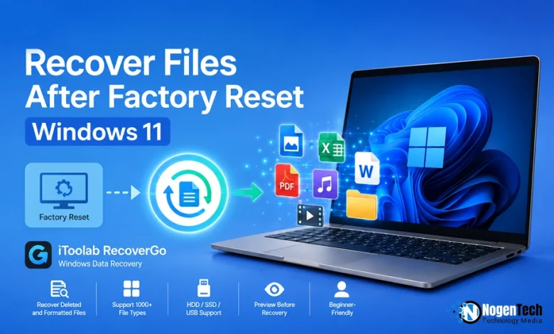 Recover Files After Factory Reset Windows 11 iToolab RecoverGo guide banner for NogenTech.